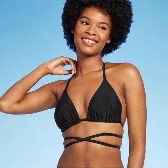 NWT Wild Fable Large (12-14) Solid Black Triangle Wrap Bikini Swim Top - Picture 1 of 8